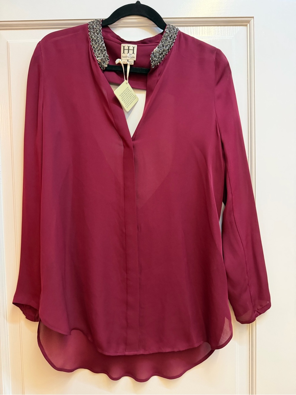 Haute Hippie Beaded Collar Blouse 100% Silk- Berry